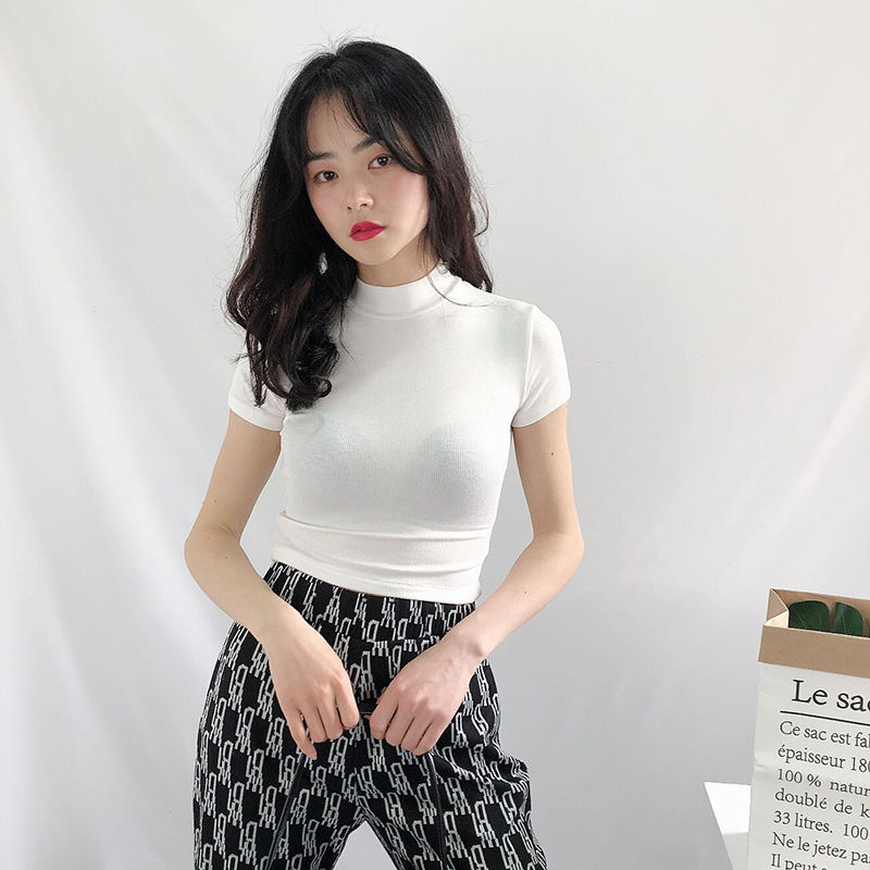 Picture of European and American style hot girl fashion tight turtleneck short sleeve bottoming shirt Women's inner wear slim high waist short T-shirt top