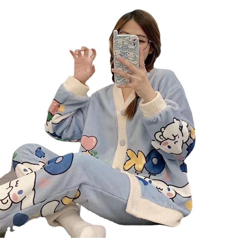 Thickened Coral Velvet Pajamas for Women Spring, Autumn and Winter 2024 New Cinnamon Dog Cartoon Flannel Home Wear Set