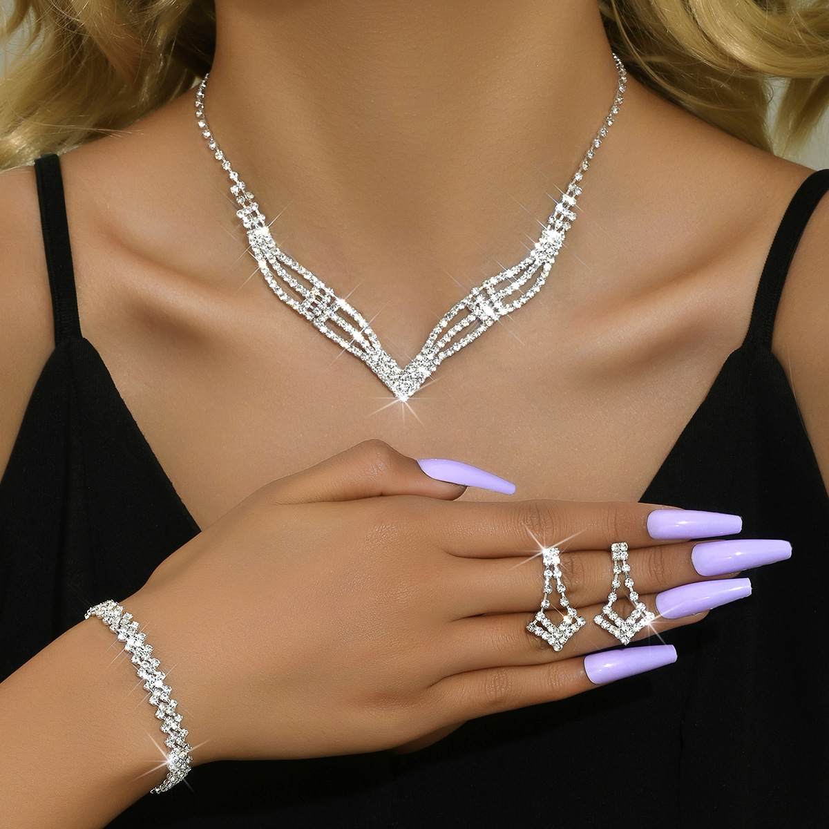 Wholesale Earring and Zircon Bracelet Jewelry Set for Brides, Full Rhinestone Collarbone Evening Accessories, Women's Jewelry Necklace