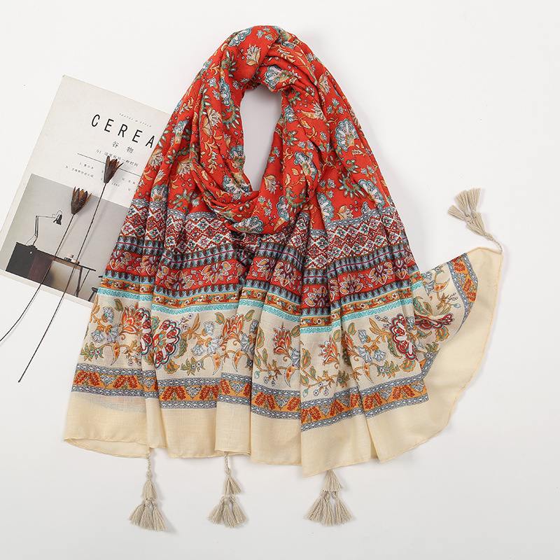 Picture of New Artistic Fresh Cotton and Linen Retro Tassel Scarf Women's Printed Beautiful Silk Scarf Japanese Sunscreen Shawl