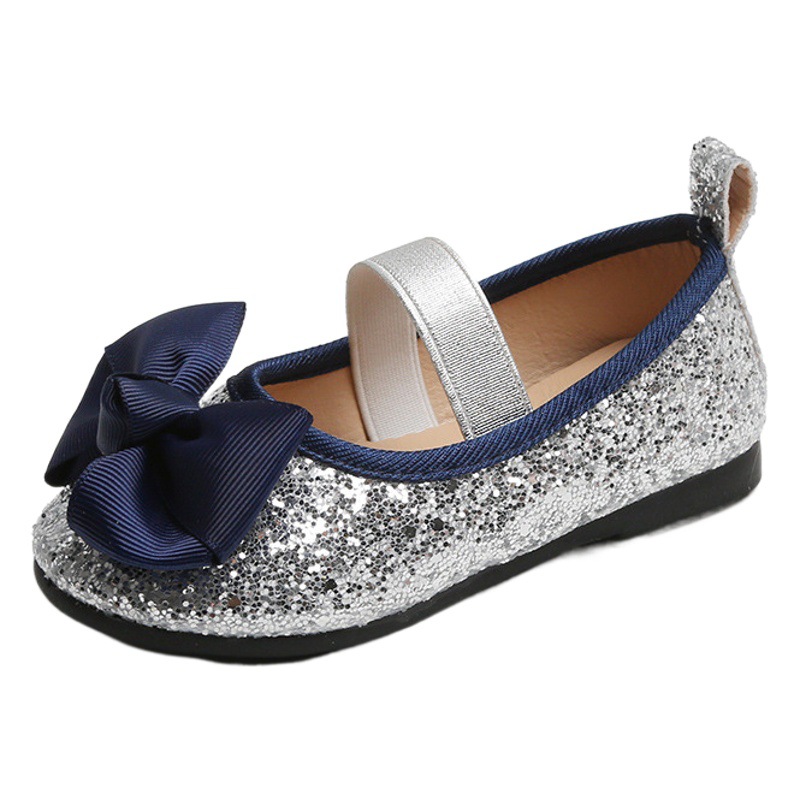 2025 Spring and Autumn Girls' Shallow Mouth Sequin Shoes Little Girls' Bow Breathable Princess Shoes Student Soft Soled Beanie Shoes