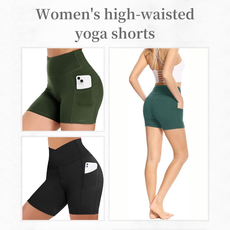 Cross-border hot products! Women's high waist yoga shorts oblique pocket running training Sports quick-drying tight stretch fitness