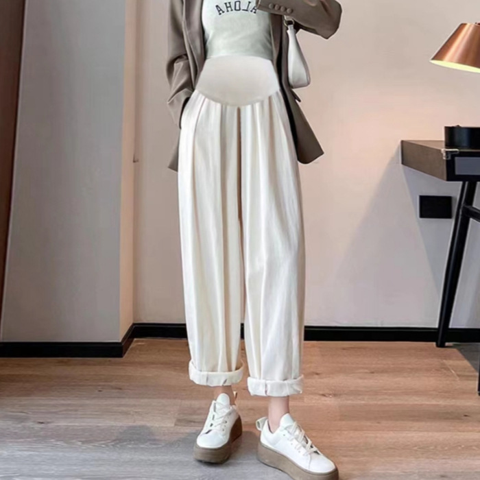 Picture of Pregnant Women's Pants Spring and Autumn Fashionable Outer Wear Large Size Loose Wide-leg Cotton and Hemp Pants Small Nine-point Casual Haren Pants