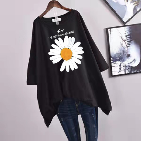 Picture of 100kg Plus Size Women's Summer Leaf Print Casual Slit Mid-Length Short Sleeve T-Shirt Loose Oversized Style