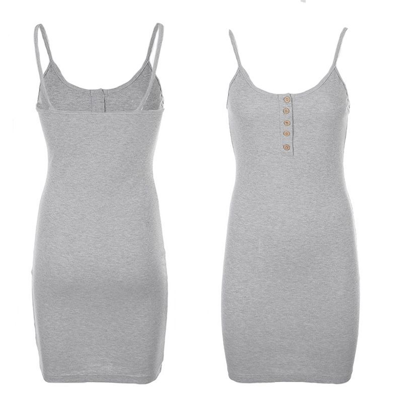 Picture of Summer new fashion low-cut off-the-shoulder thread button hip elastic slim strap solid color base dress