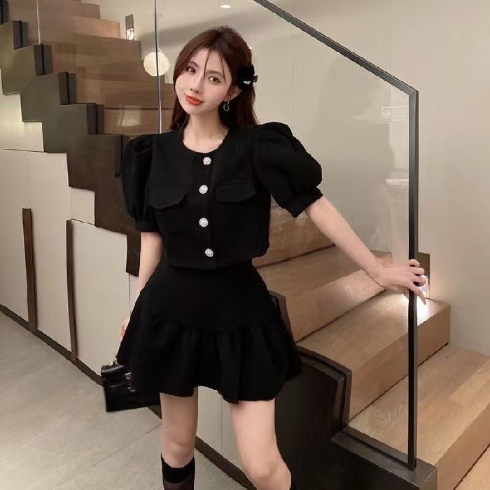Picture of Elegant socialite Chanel style puff sleeve bow shirt top high waist pleated skirt two-piece suit for women Summer
