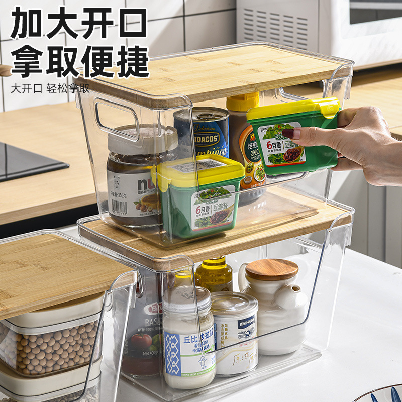 Household kitchen storage box countertop storage seasoning multifunctional storage box transparent large stackable wooden lid wholesale