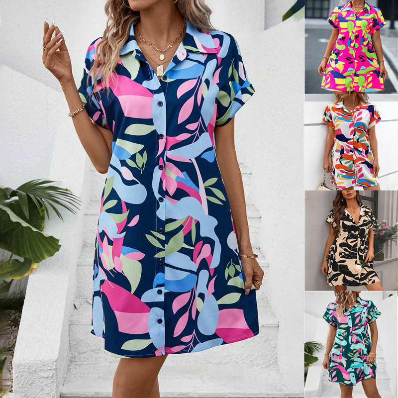 2024 Europe and America Amazon Cross-border Women's Summer New Fashion Color Floral Printed Cardigan Short-sleeved Shirt Dress