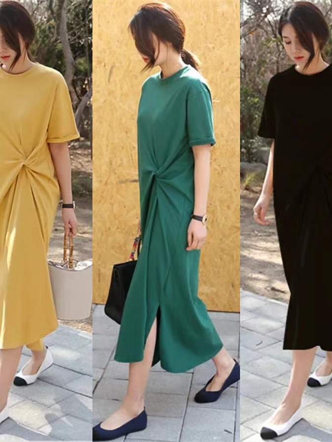 Summer 2024 Korean style loose slim fit French niche dress plus size long T-shirt skirt summer
