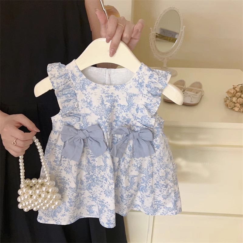 South Korea children's clothing girls summer blue and white porcelain floral bow dress