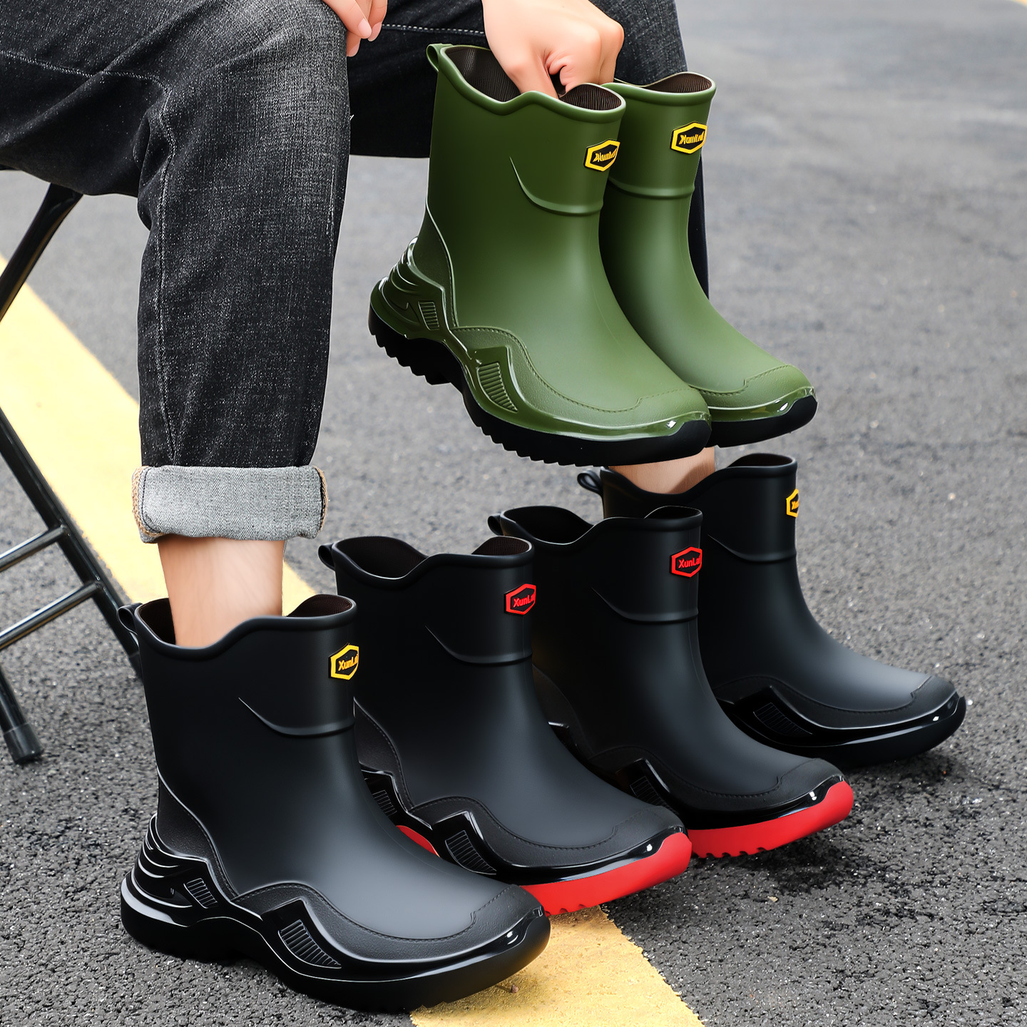 Korean version of classic black non-slip men's rubber shoes, rain boots, short sports water boots, widening and thickening cross-border environmental protection water shoes