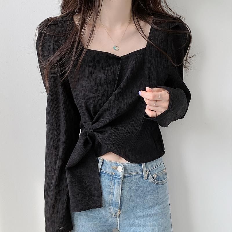 Picture of Korean chic Autumn Vintage Slimming Square Collar Irregular Lace-up Irregular Design Loose Long Sleeve Shirt Top