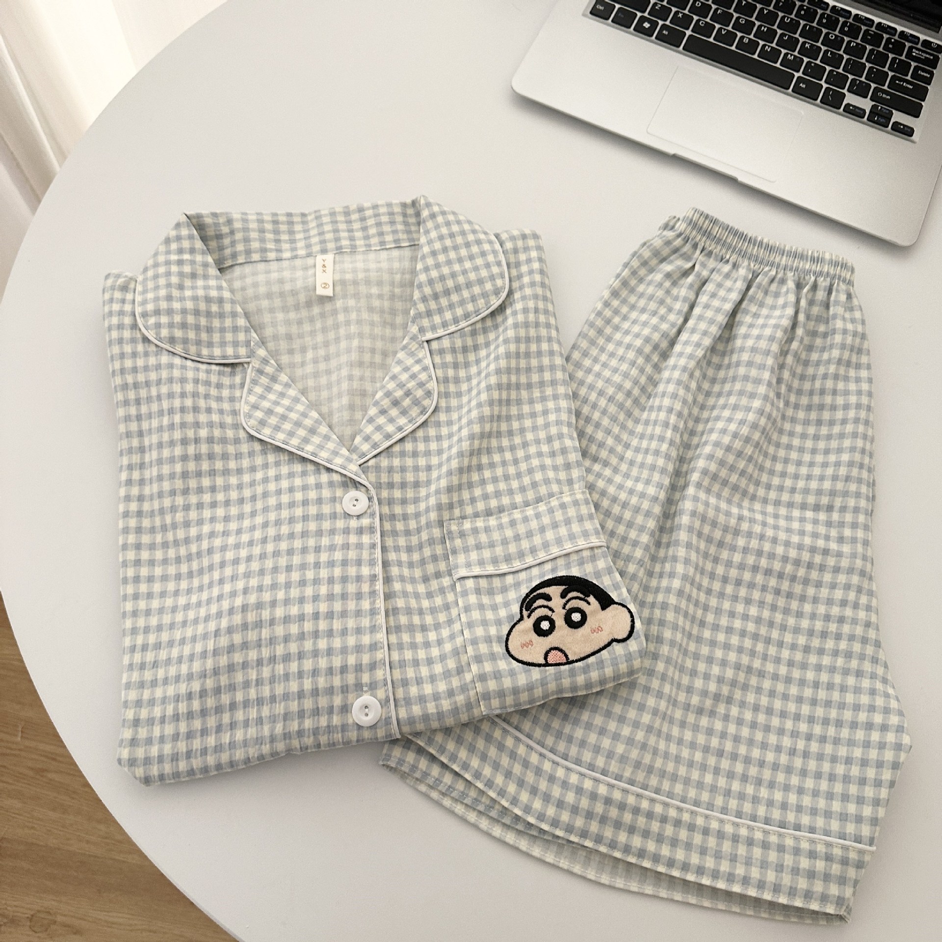 Cloud Cotton Double Short #Blue Check Crayon Pajamas Men's Summer Internet Celebrity Girls Short Sleeve High-End Home Clothes Set