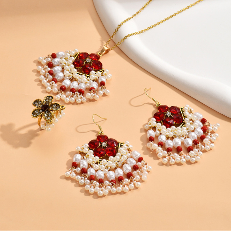 European and American Fashion Retro Simple Shining Red Flower Accessories Pearl Three-piece Necklace Earrings Ring Combination Set