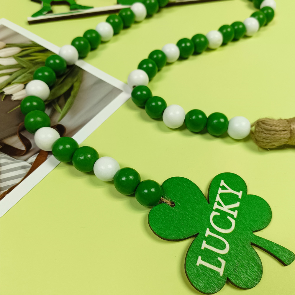Picture of St Patrick's Day clover wooden beads tassel beads Irish Festival wooden beads pendant wooden tray ornaments