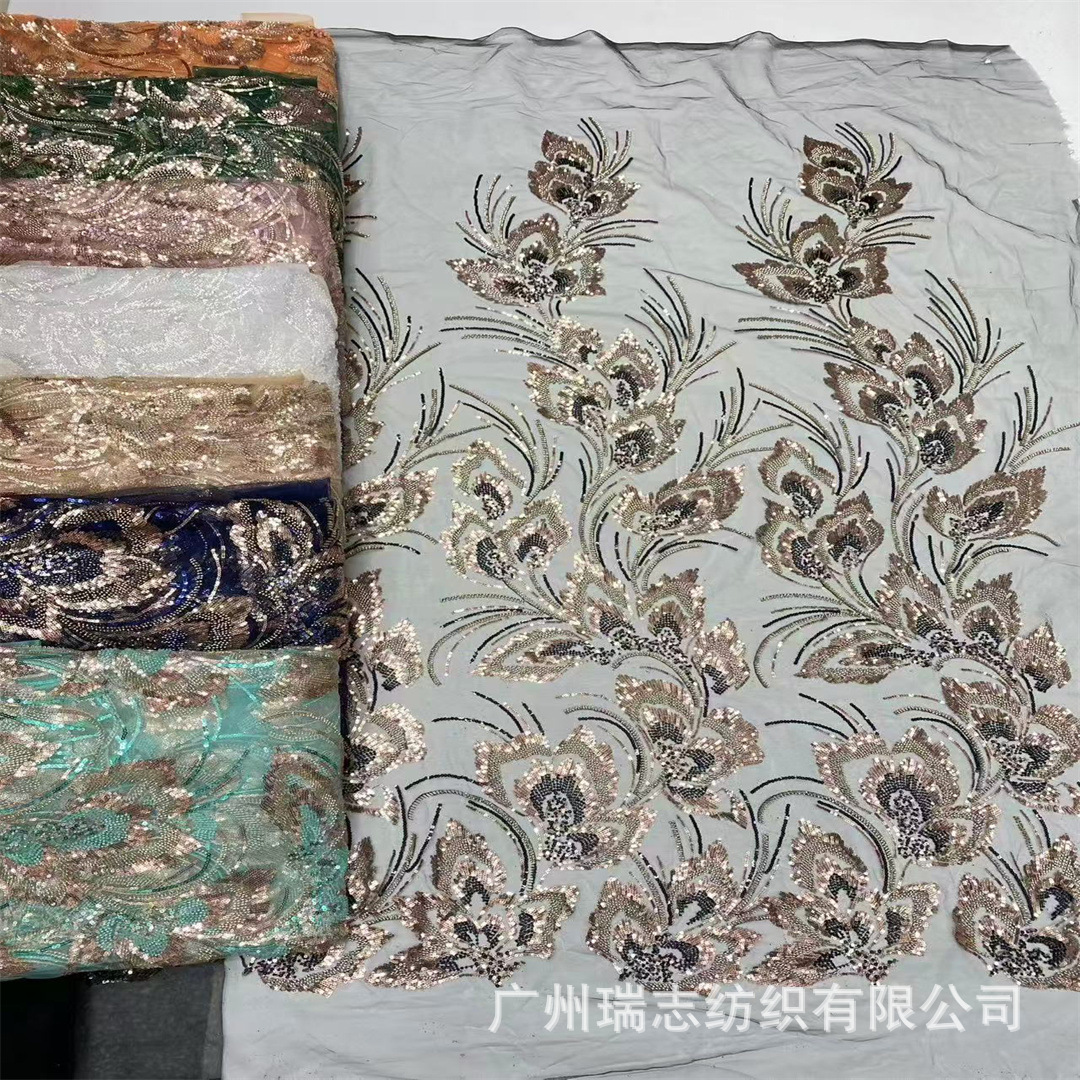 Bridal Dress Lace Fabric European and American Dress Evening Dress Mesh Sequin Bead Tube Embroidery Fabric
