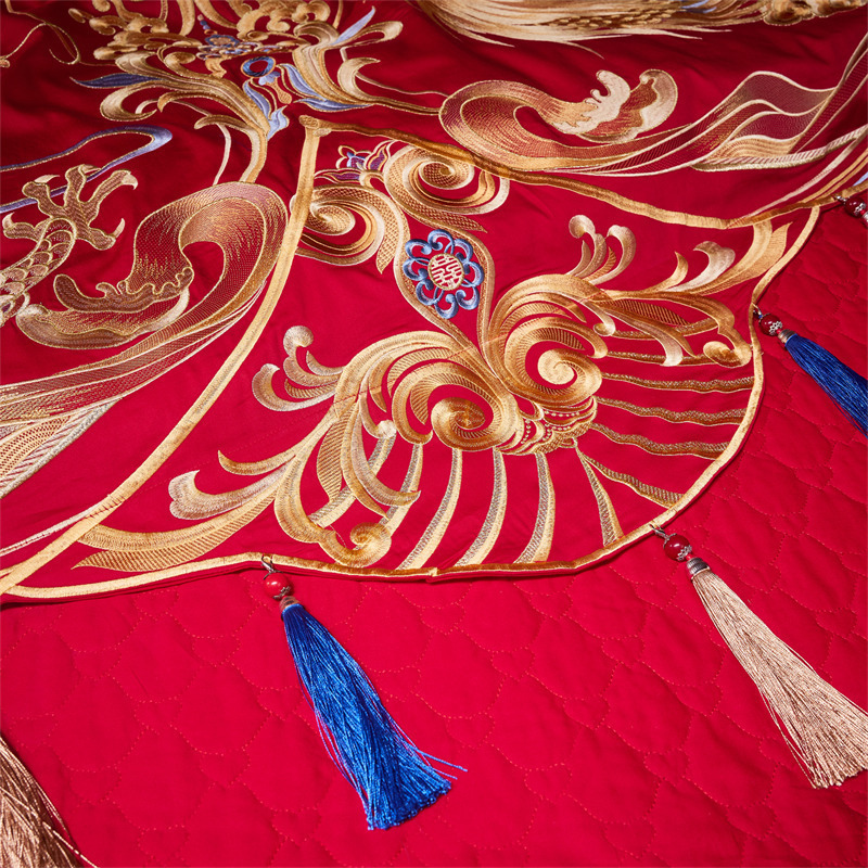 Picture of High-End 120S Pure Cotton Long-Staple Cotton Wedding Four-Piece Set New Chinese Style Dragon and Phoenix Embroidery Wedding Red Bedding