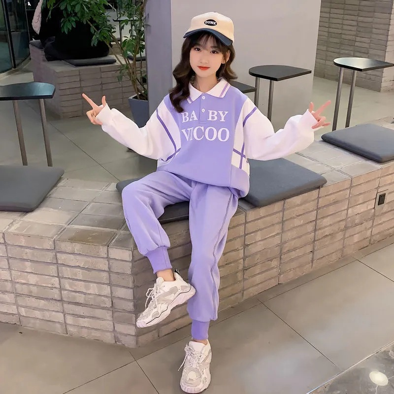 Girls' Spring Suit New Children's Internet Celebrity Contrast Color Western Style Children's Clothing Middle and Big Children's Fashion Leisure Sports Two-piece Suit