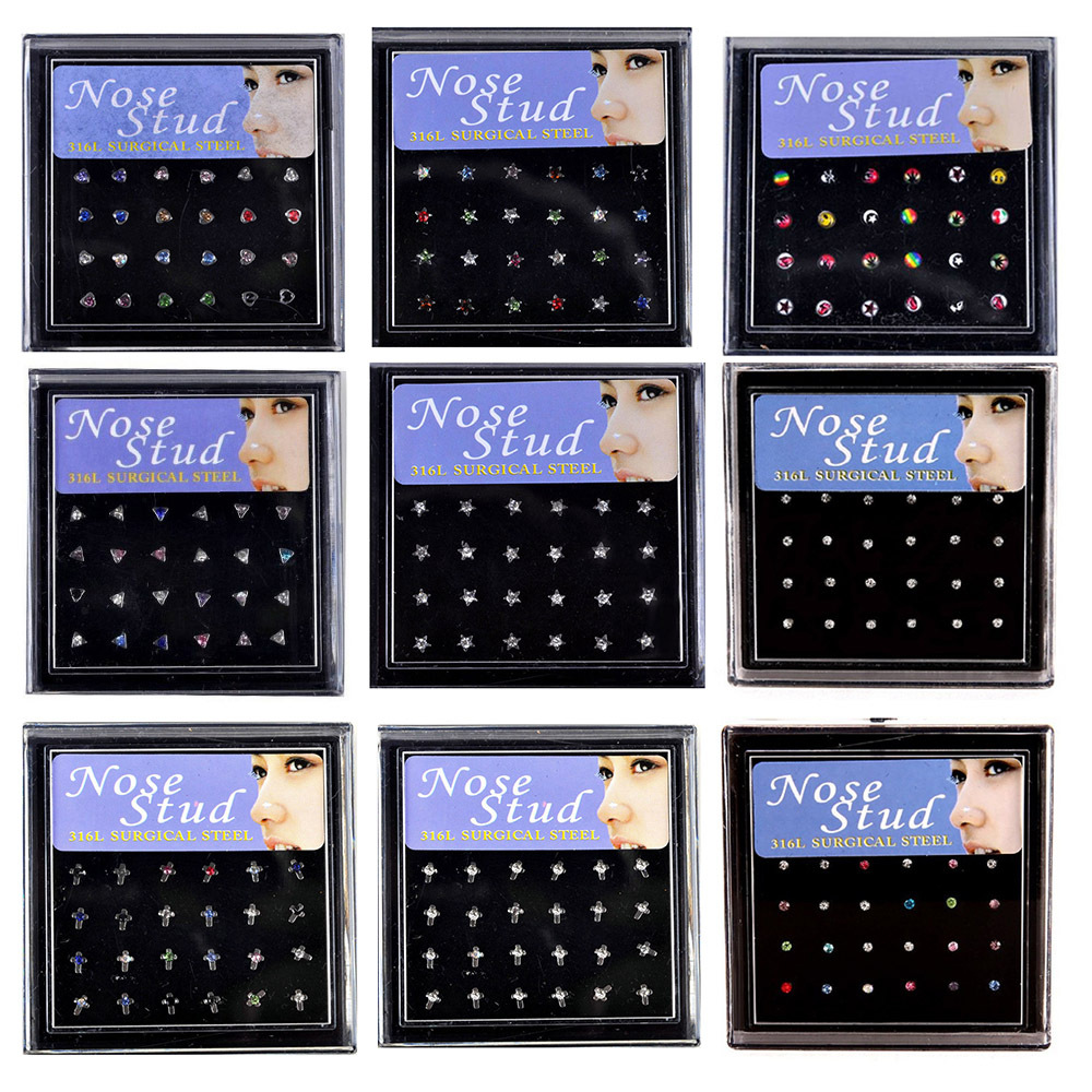 European and American Stainless Steel Diamond Nose Nails, Five-Pointed Heart-Shaped Titanium Steel Nose Ring 24/Box Body Piercing Jewelry