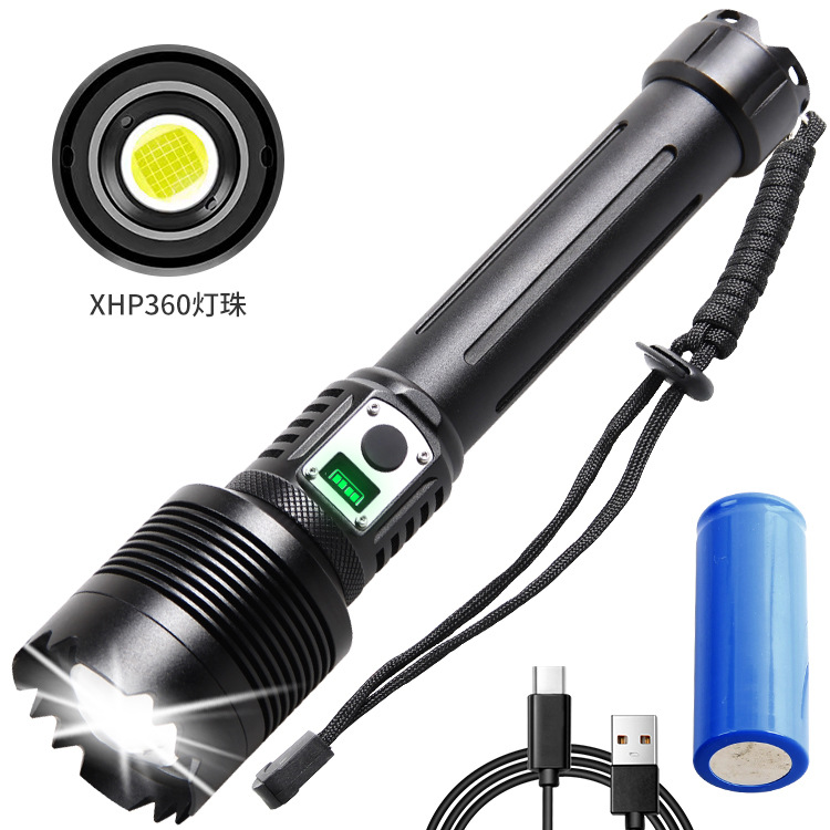Cross-border new HXP360 strong light zoom power display Type-c charge output long-shot multi-function LED flashlight