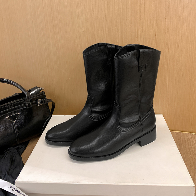 2025 Autumn and Winter New Round Toe V-Mouth Motorcycle Thick Heel Retro Western Cowboy Short Boots for Women Genuine Leather High Top