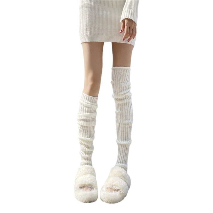 JK Spice Knitted Socks Women's Lined Over-the-Knee Long Thigh Socks Autumn and Winter Thickened Warm White Piled Socks