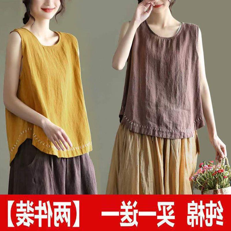 Artistic plus size solid color cotton and linen embroidered vest T-shirt women's summer New loose casual all-match sleeveless top