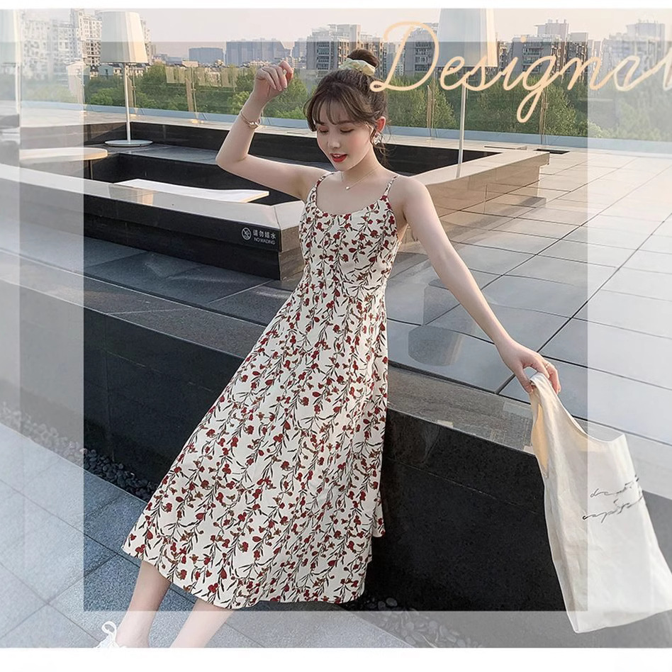 Floral Sling dress Women's New Summer Fashion A- line Skirt Korean Popular Fashionable Mid-length Skirt Slim-fit Slimming