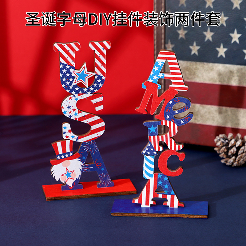 Cross-Border New Product Haobei Independence Day Decoration Supplies American Independence Day Wooden Letter Ornaments Faceless Dwarf Ornaments