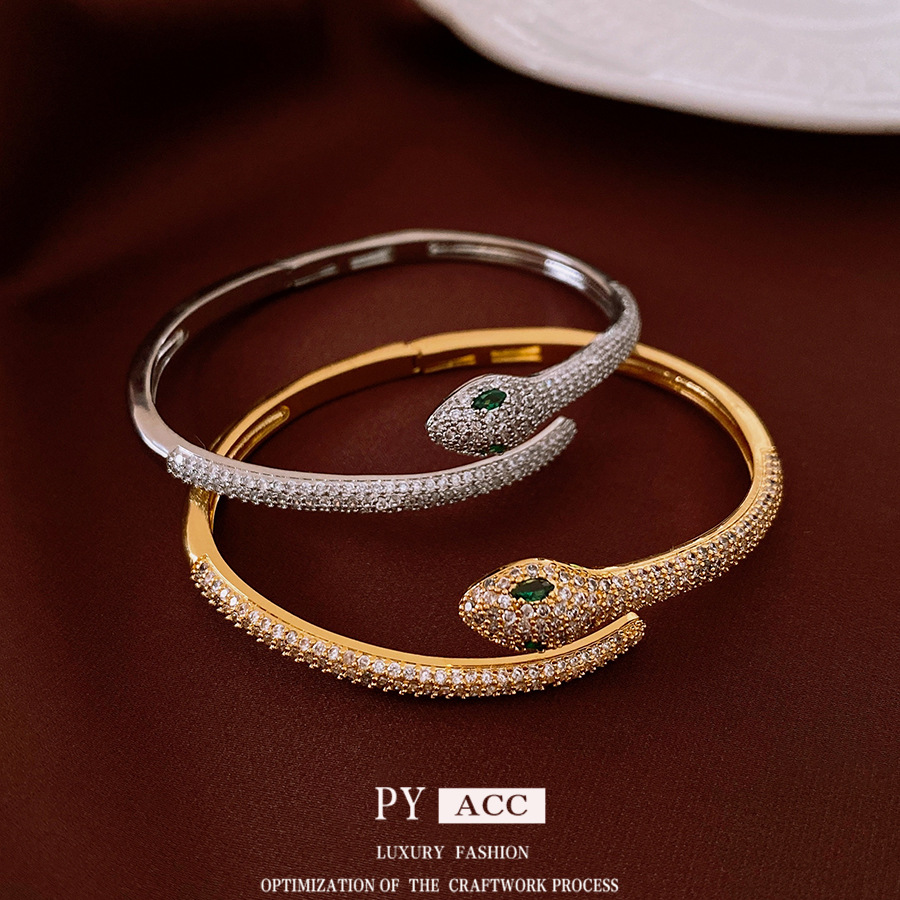 18k Real Gold Electroplated Zircon Snake-shaped Open Bracelet Light Luxury High-end Sense Bracelet Fashion Niche Elegant Bracelet for Women