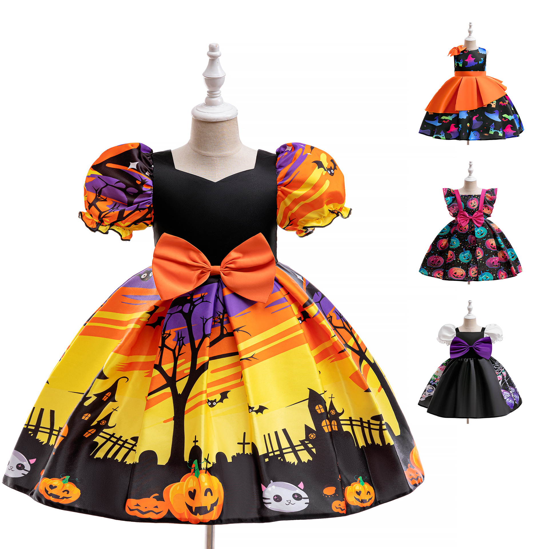 New All Saints Girl's Dress Puff Sleeve Forged Cloth Printed Dress Pumpkin Lantern Witch Castle Colorblock Holiday Coat