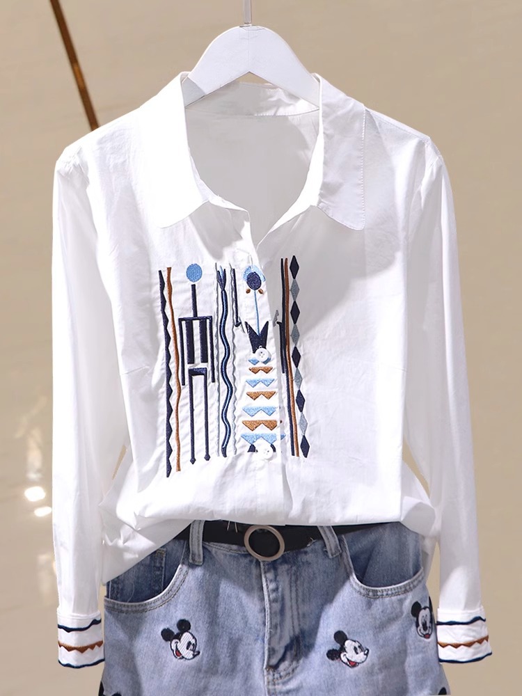 Vintage Retro Heavy Embroidery Pure Cotton Women's Shirt New Ethnic Style Fashion Versatile Long Sleeve Blouse Top