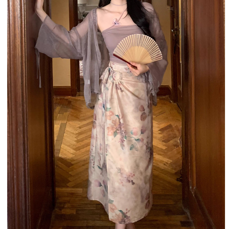 Spring and Summer 2024 New Solid Color Mesh Tube Top Tencel Wrinkled Cardigan Vintage Printed Half Skirt Three suit