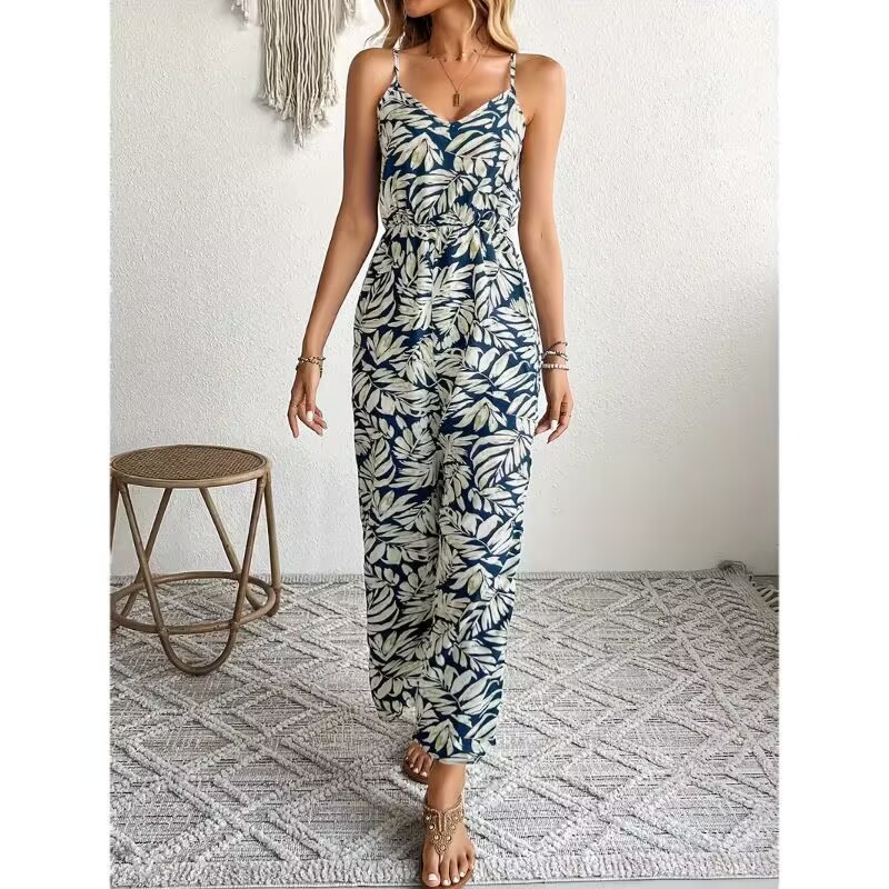 2024 Europe and the United States cross-border e-commerce factory supply Bohemian style printed V-neck casual loose suspender jumpsuit