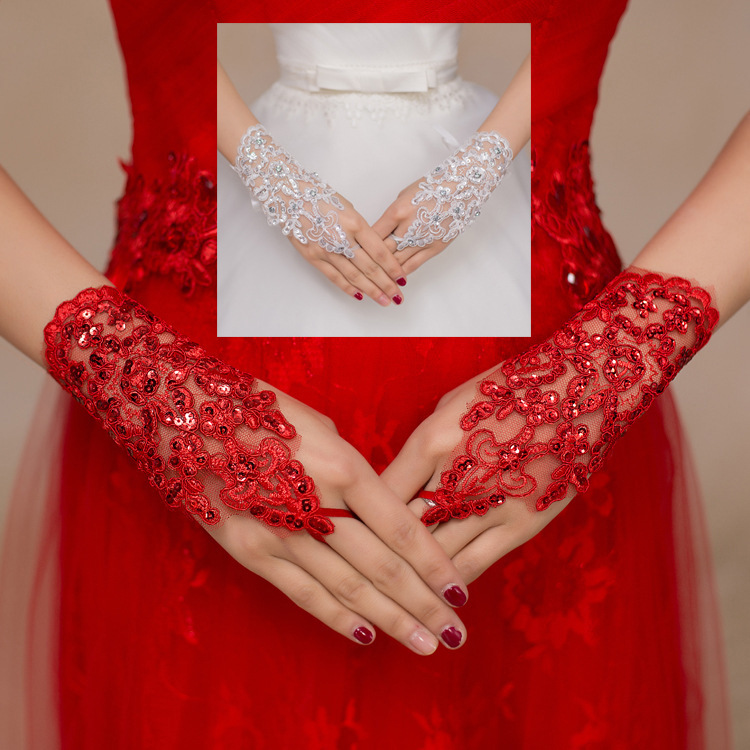 Bridal Wedding Gloves White Red Short Lace Diamond Wedding Instrument Cheongsam Toast Wear Performance Gloves Wholesale 1009