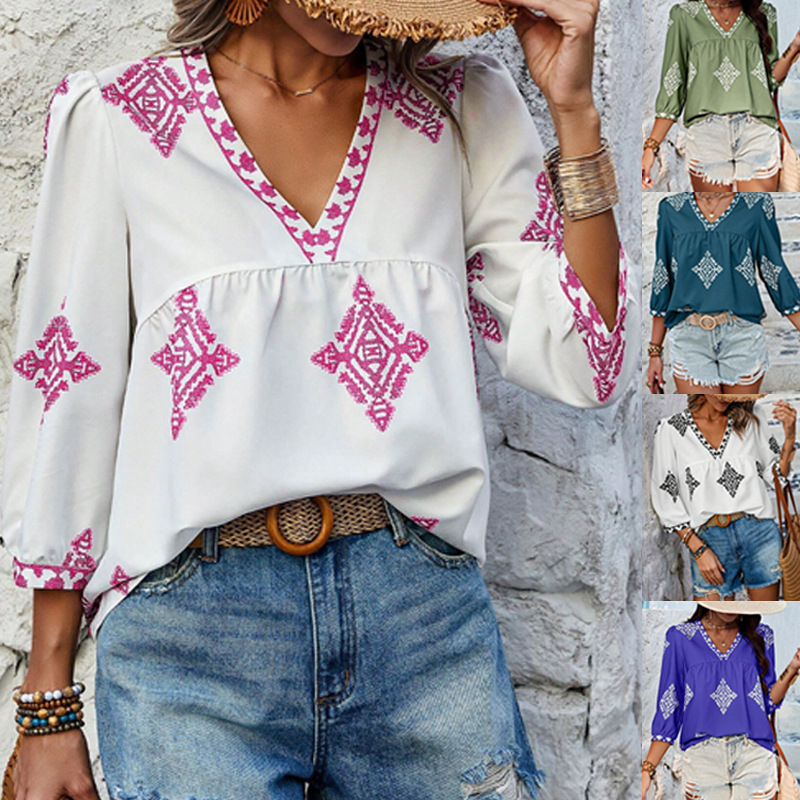 2025 Europe and America Amazon Cross-border Women's Summer New Fashion Printed Bag Seven-sleeve V-neck Women's Top