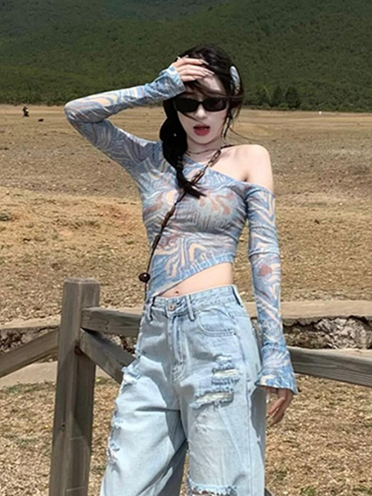 Picture of HoT Girl American ReTro Off-shoulder Long-sleeved T-shirT Women's Summer AsymmeTrical Slim Sexy Sun ProTecTion Mesh Blouse Top