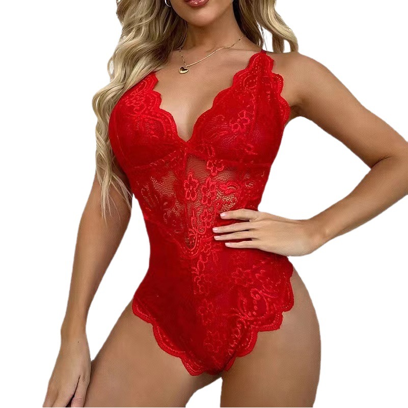 Cross-border European and American sexy lingerie foreign trade conjoined underwear women's large size wholesale pajamas hollow lace factory