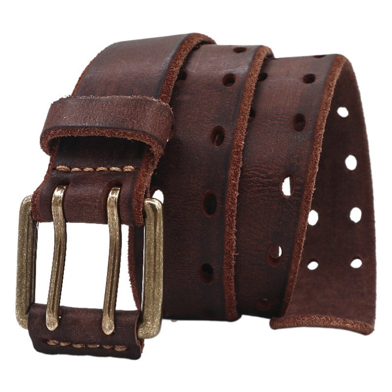 Spring and Summer New 3.8 Wide Men's Double Needle Italian Cowhide Belt Retro Hollow American All-match Belt