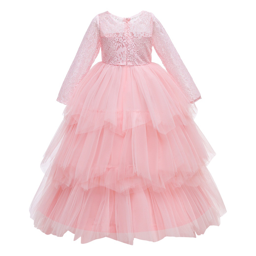 New Kidsren's Evening Dress Wedding Dress Long-Sleeved Multi-Layer Mesh Tutu Skirt Flower Girl Host Girl Catwalk Performance Clothing