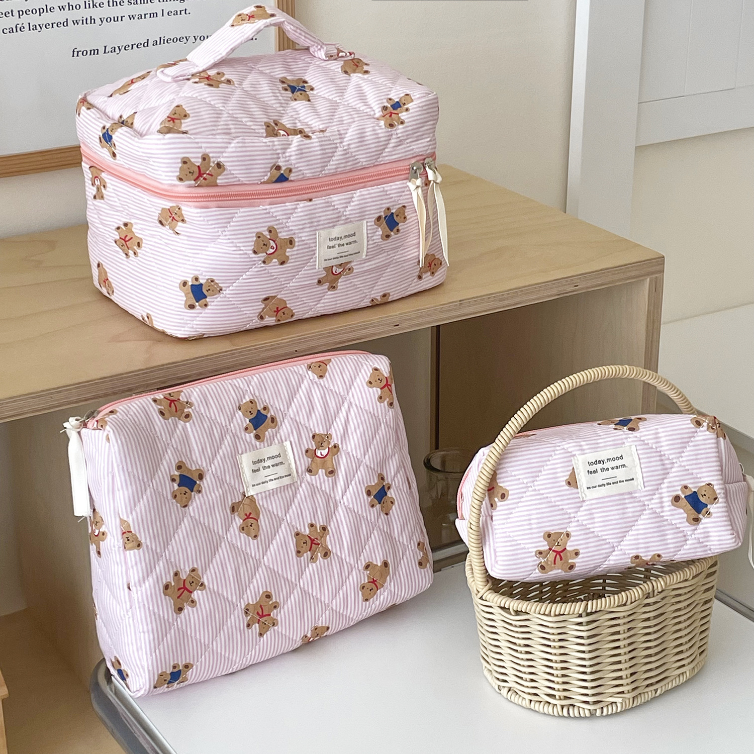 Cross-Border Pink Striped Bear Cosmetic Bag Student Portable Cute Cartoon Toiletry Bag Quilted Portable Storage Bag