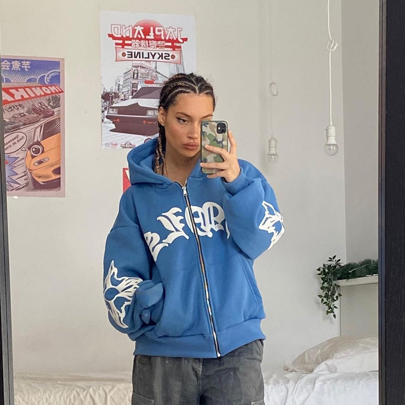 Picture of Spot 2023 Cross-border AliExpress Women's Street Loose Hoodie Foam Printed Zipper European and American Hoodie