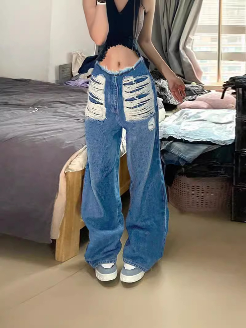 Double-Layer Denim Wide-Leg Pants with Ram-Edge Waist