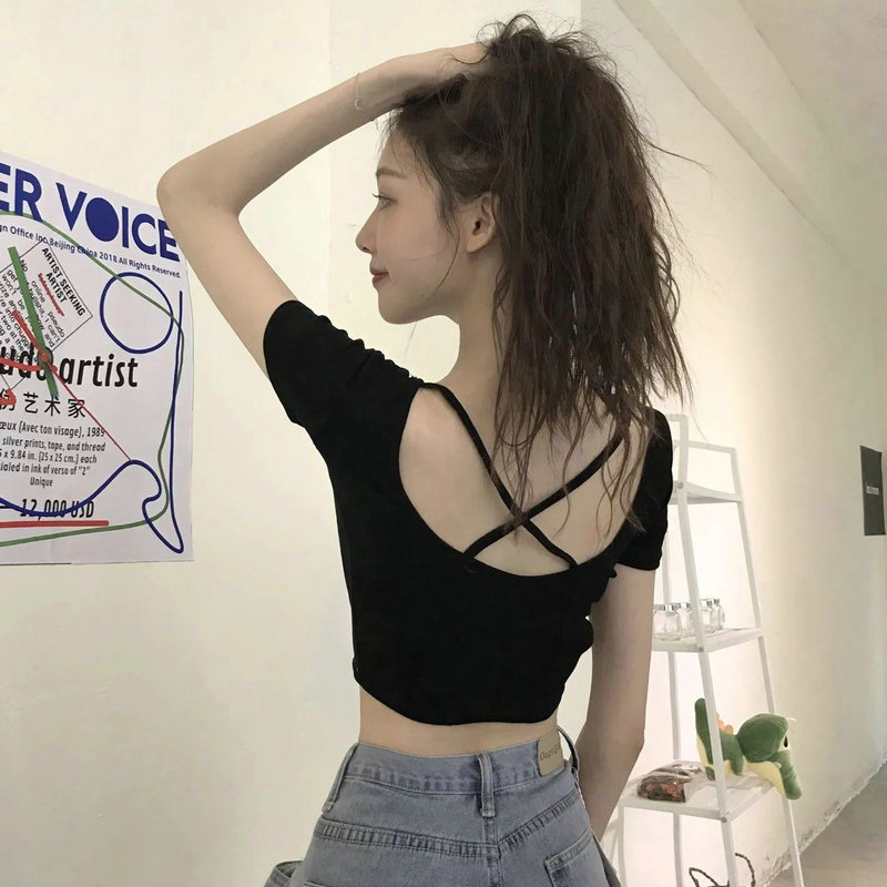 Cross-border Short Cropped Top Women's 2023 New Korean-style Slim-fit Backless Short-sleeved T-shirt Women's Solid Color Base T-shirt