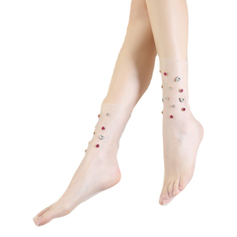 Cross-Border Thin Jewelry Mid-Tube Personalized Summer Flower Decorative Socks Women's Glass Silk Pearl Jewelry Short Socks Stockings