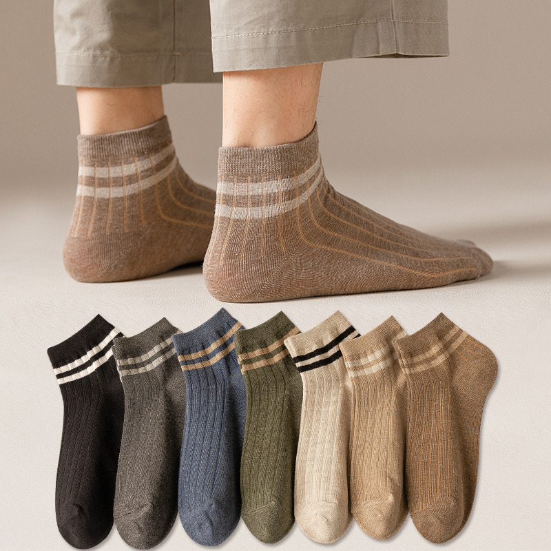 Picture of Men's Socks Spring and Summer Two-Bar Boat Socks Men's Casual College Style Short Socks Stripped Breathable Shallow Mouth Cotton Socks Sweat-Absorbing Socks for Men