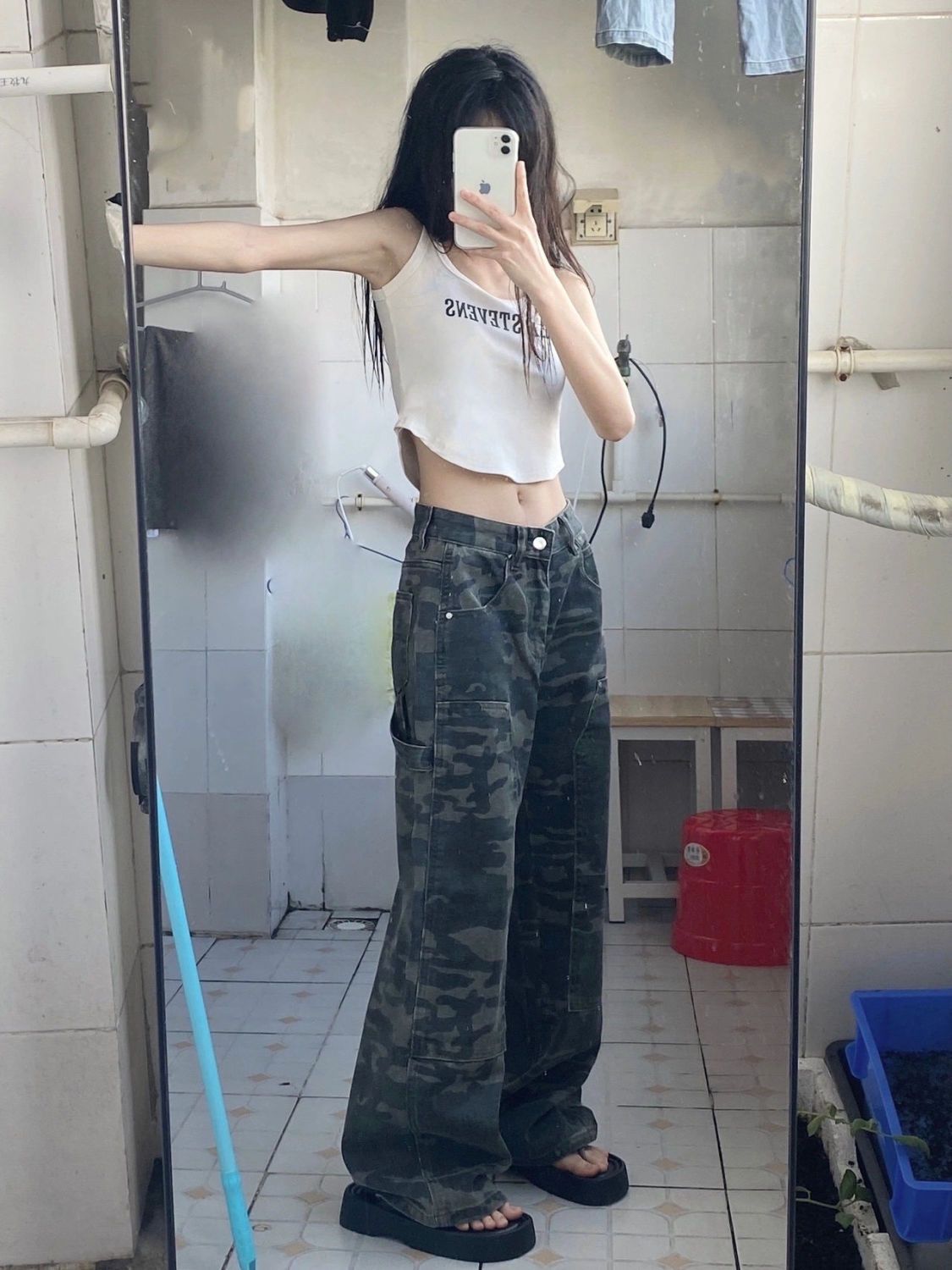Picture of Camouflage Tooling Straight Jeans Women's Spring and Summer American Style Retro Loose All-match High Waist Slimming Wide Leg Pants