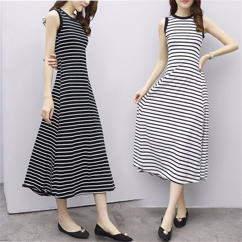 Picture of [Real shot] Korean-style elegant slimming striped dress women's summer retro simple sleeveless vest skirt A- line long skirt