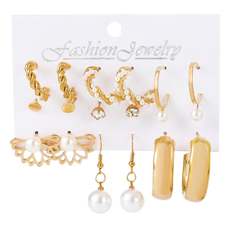Cross-border hot-selling geometric French combination metal earrings set female European and American ring Pearl small earrings 6-piece set