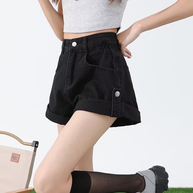 Vibe Curled Denim Shorts Women's Summer Design Niche Loose High Waist Slimming A- line All-match Wide-leg Hot Pants